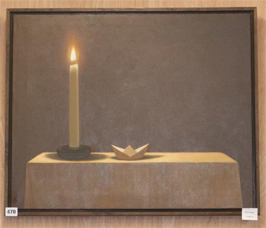 Y.S. Yang, oil on canvas, Still life of a candle and a paper boat, 51 x 63cm